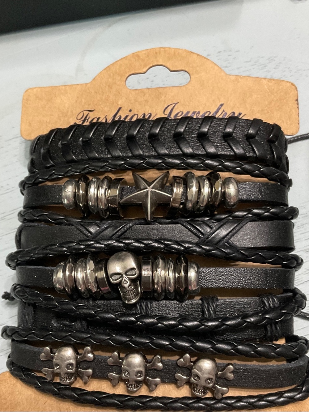 Source Unknown Black Multi-Strand Leather Bracelet Set with Silver Accents